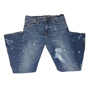 American Eagle Men's Blue Flex Relaxed Straight Custom Bleach Paint  Jeans 32x32